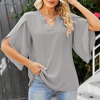 Women's Summer Dressy Chiffon Blouses Breathable V Neck